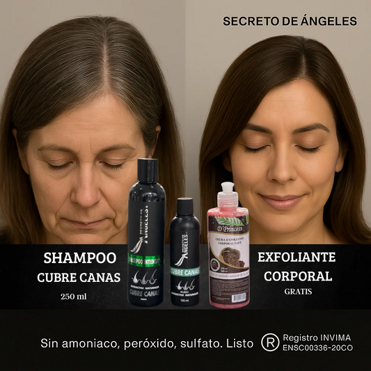 ¡Shampoo Cubre Canas Secreto de Ángeles! ✨ Con Colágeno + Exfoliante GRATIS – ¡Rejuvenece tu Cabello al Instante